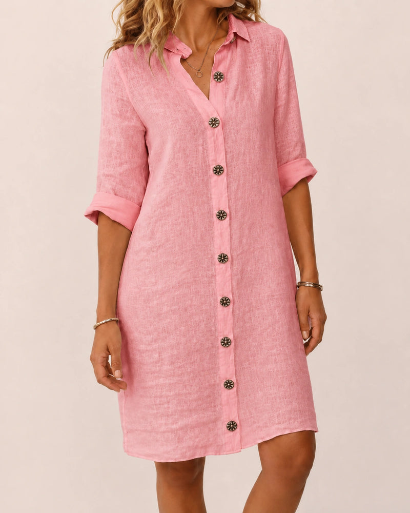 SALAZIA Women's Solid Color Collared Button-Front Roll-Up Sleeve Loose Fit Knee-Length Casual Shirt Dress