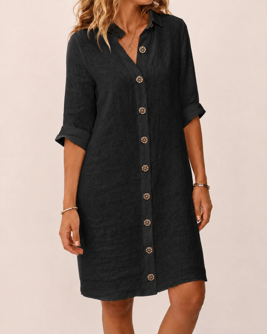 SALAZIA Women's Solid Color Collared Button-Front Roll-Up Sleeve Loose Fit Knee-Length Casual Shirt Dress