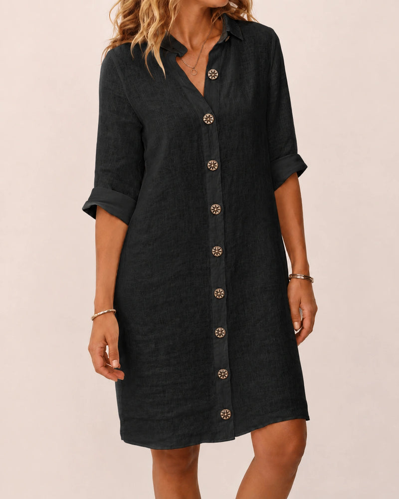 SALAZIA Women's Solid Color Collared Button-Front Roll-Up Sleeve Loose Fit Knee-Length Casual Shirt Dress