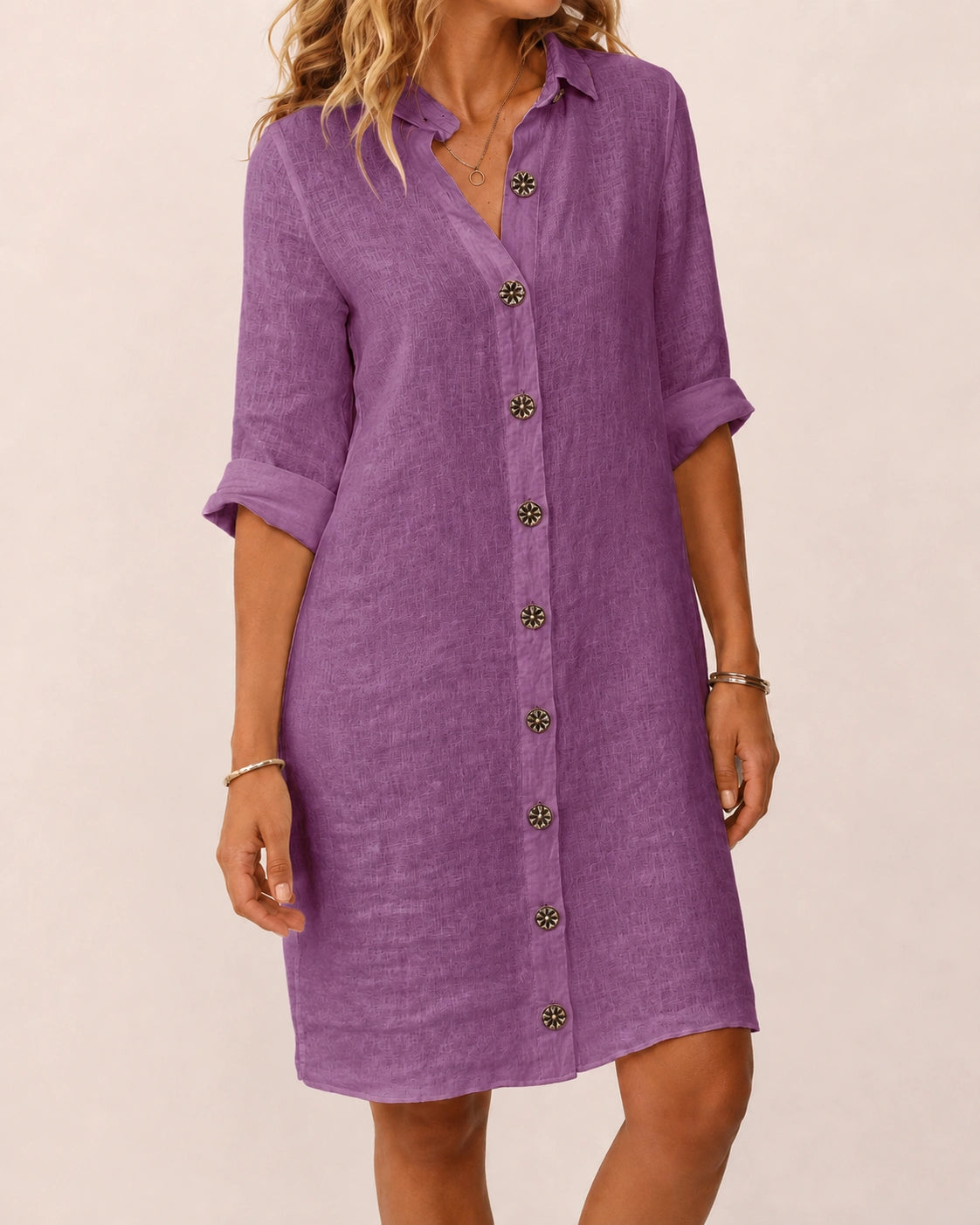 SALAZIA Women's Solid Color Collared Button-Front Roll-Up Sleeve Loose Fit Knee-Length Casual Shirt Dress