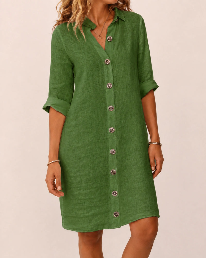 SALAZIA Women's Solid Color Collared Button-Front Roll-Up Sleeve Loose Fit Knee-Length Casual Shirt Dress