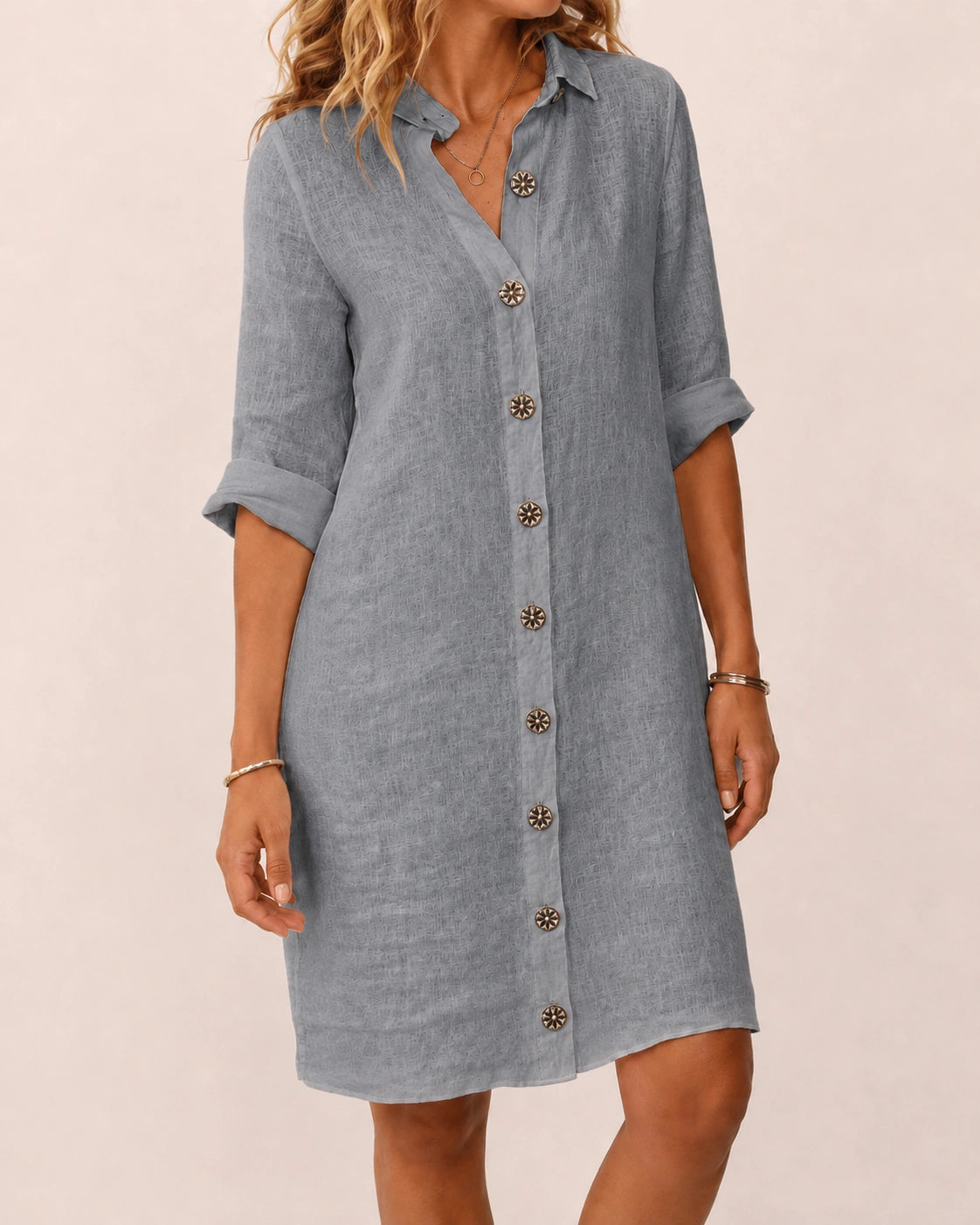 SALAZIA Women's Solid Color Collared Button-Front Roll-Up Sleeve Loose Fit Knee-Length Casual Shirt Dress