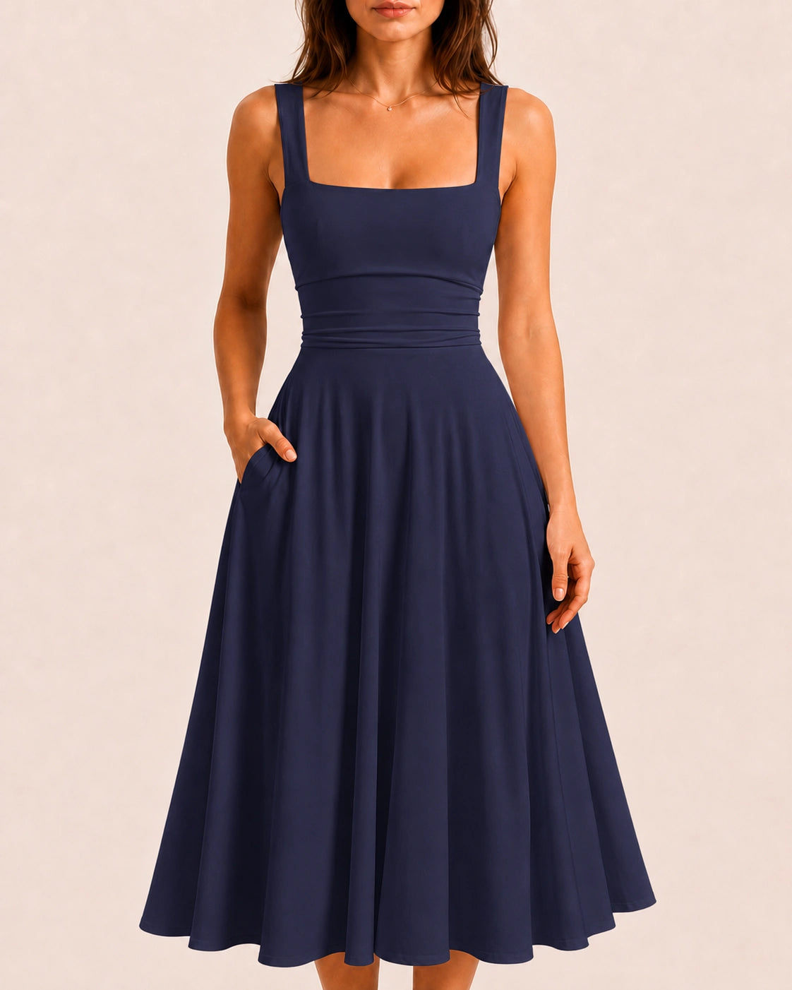 SALAZIA Women's Sleeveless Square Neck Solid A-Line Flowy with Pockets and Back-Tie Maxi Dress