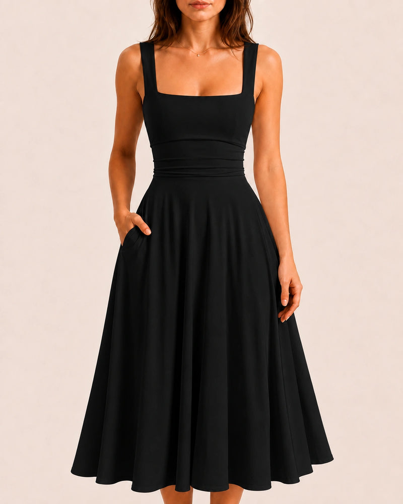 SALAZIA Women's Sleeveless Square Neck Solid A-Line Flowy with Pockets and Back-Tie Maxi Dress
