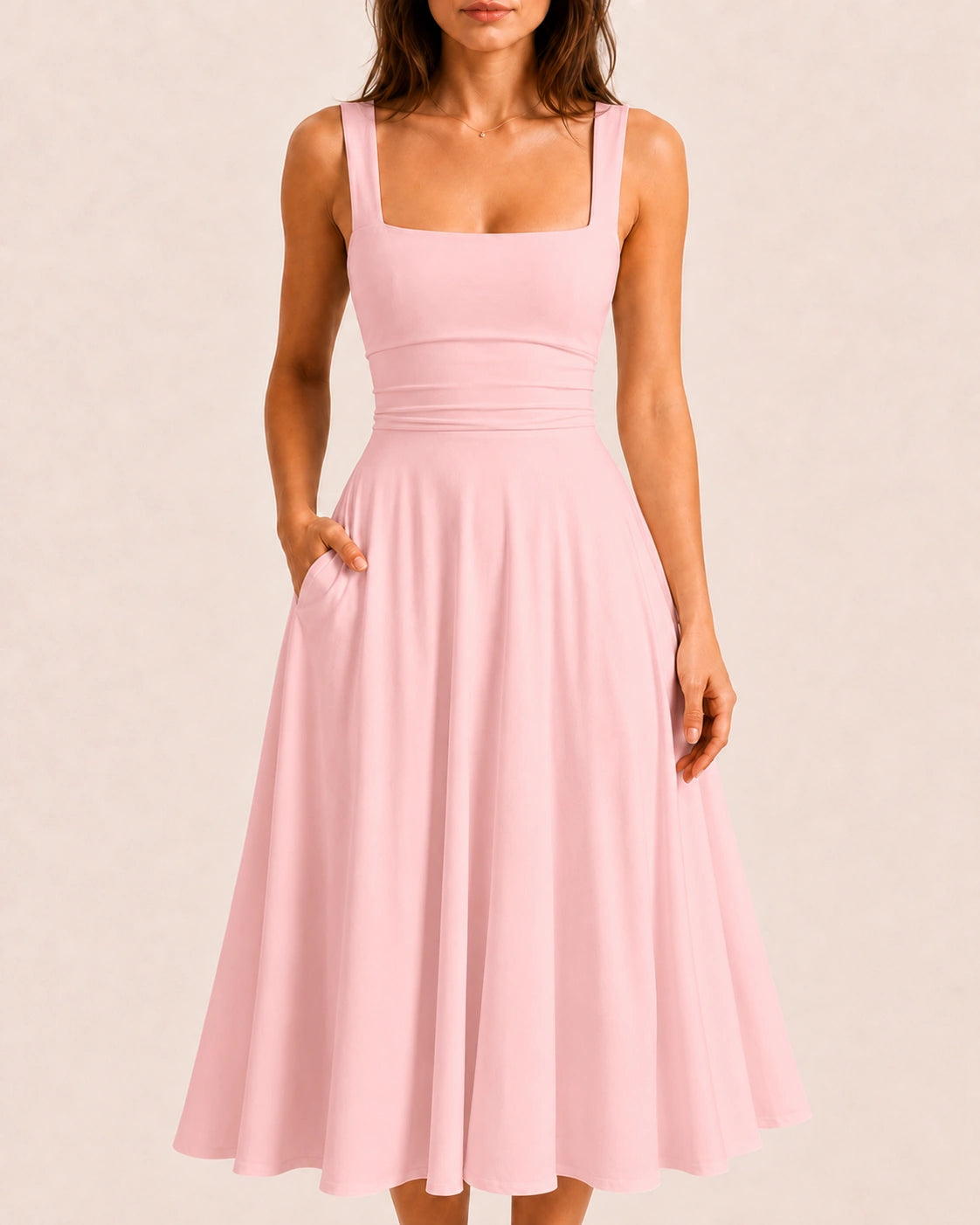 SALAZIA Women's Sleeveless Square Neck Solid A-Line Flowy with Pockets and Back-Tie Maxi Dress
