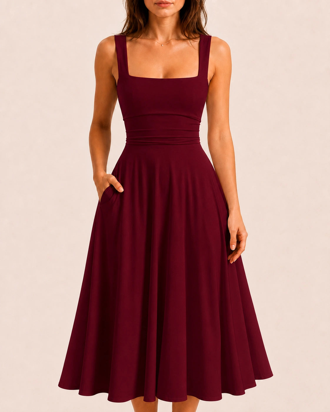 SALAZIA Women's Sleeveless Square Neck Solid A-Line Flowy with Pockets and Back-Tie Maxi Dress
