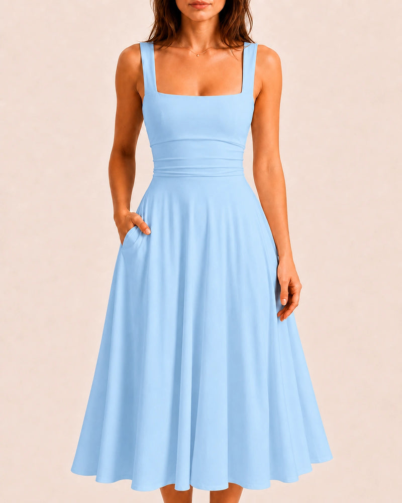 SALAZIA Women's Sleeveless Square Neck Solid A-Line Flowy with Pockets and Back-Tie Maxi Dress