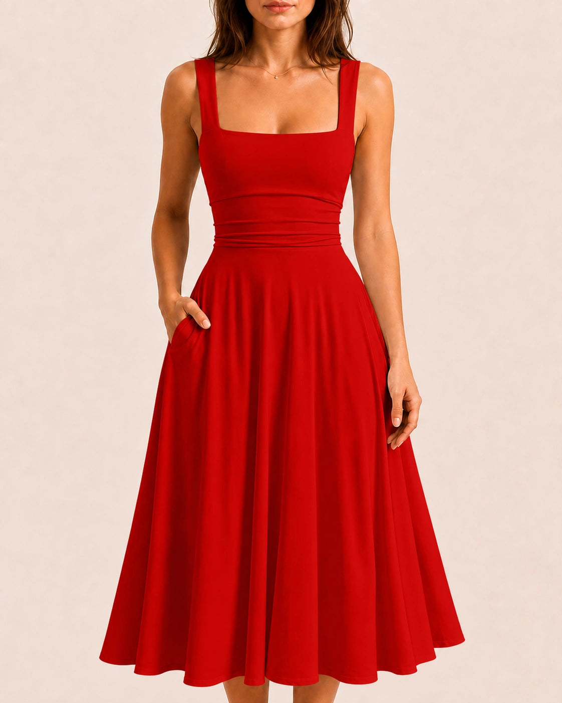 SALAZIA Women's Sleeveless Square Neck Solid A-Line Flowy with Pockets and Back-Tie Maxi Dress