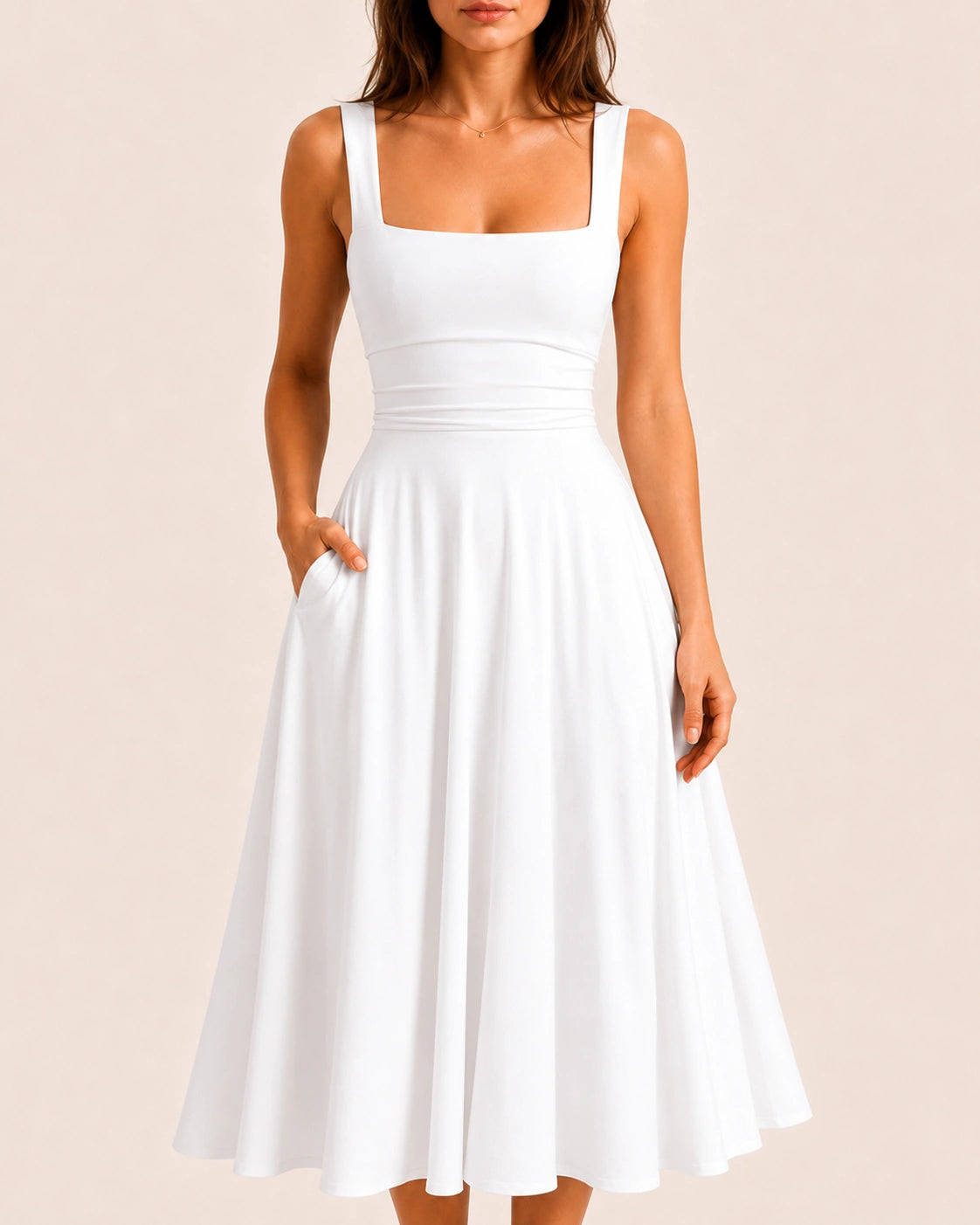 SALAZIA Women's Sleeveless Square Neck Solid A-Line Flowy with Pockets and Back-Tie Maxi Dress
