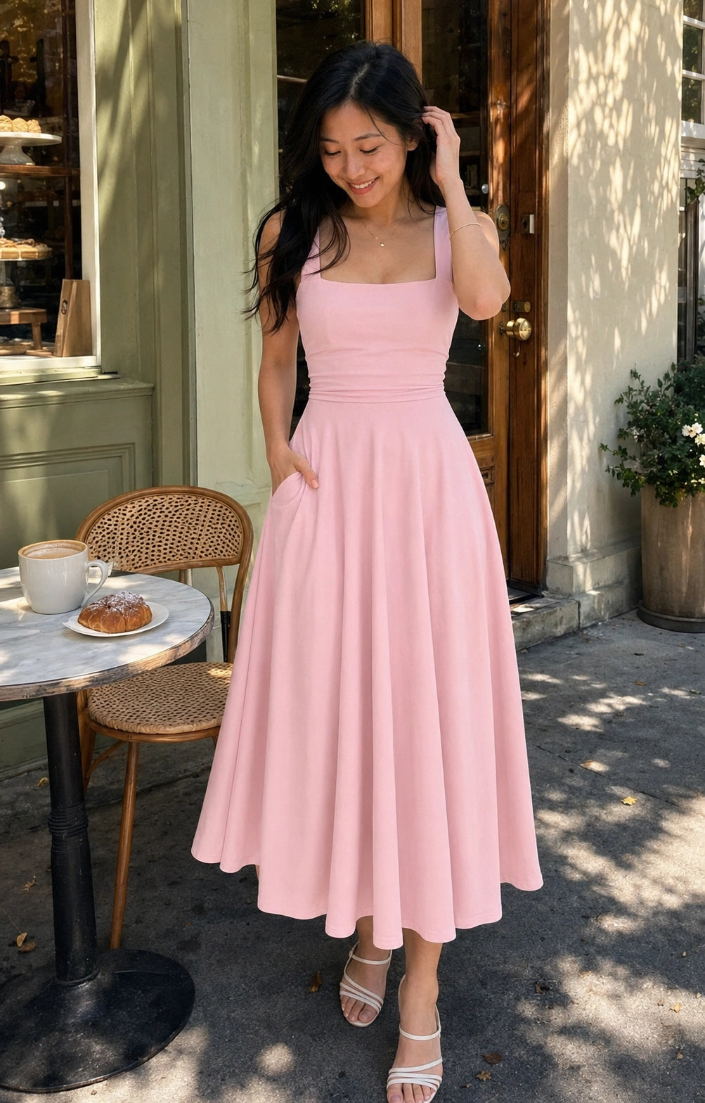 SALAZIA Women's Sleeveless Square Neck Solid A-Line Flowy with Pockets and Back-Tie Maxi Dress