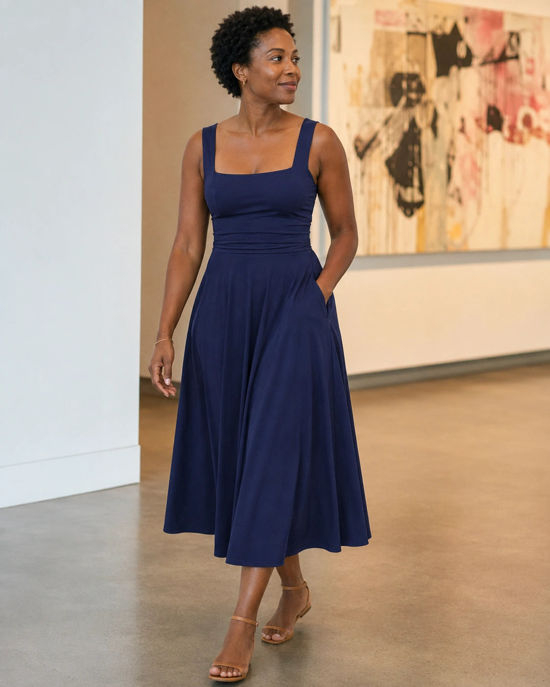 SALAZIA Women's Sleeveless Square Neck Solid A-Line Flowy with Pockets and Back-Tie Maxi Dress