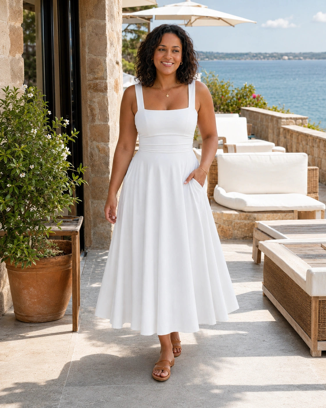 SALAZIA Women's Sleeveless Square Neck Solid A-Line Flowy with Pockets and Back-Tie Maxi Dress