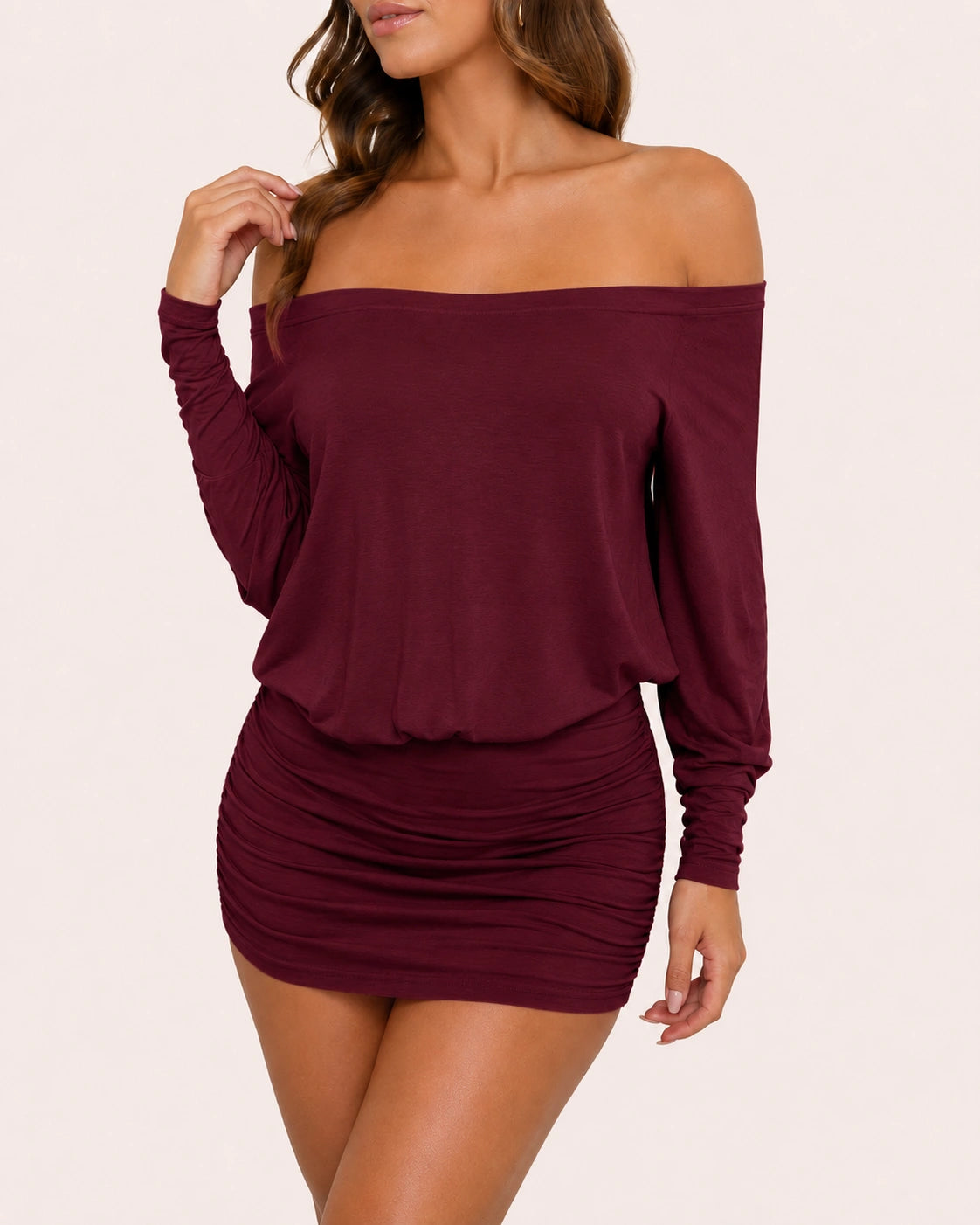 SALAZIA Women's Sheer Ruched Off-Shoulder Long Sleeve Bodycon Mini Party Dresses