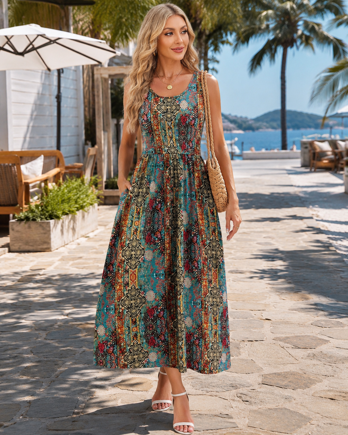 SALAZIA Women’s Flowy Sleeveless A-Line Pockets Midi Dresses