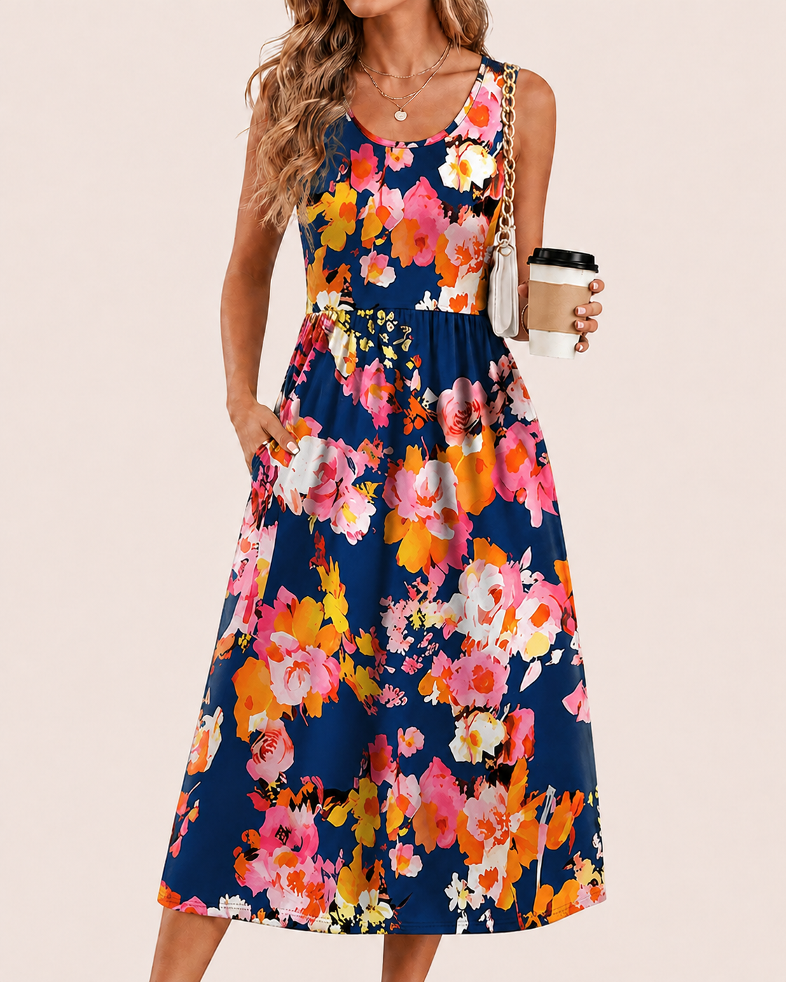 SALAZIA Women’s Flowy Sleeveless A-Line Pockets Midi Dresses