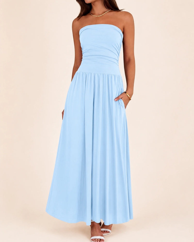 SALAZIA Women's Strapless Ruched Tube Top Maxi Dress with Pockets for Summer Beach Vacation Wedding Guest Dresses