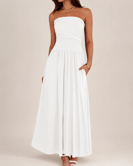 SALAZIA Women's Strapless Ruched Tube Top Maxi Dress with Pockets for Summer Beach Vacation Wedding Guest Dresses
