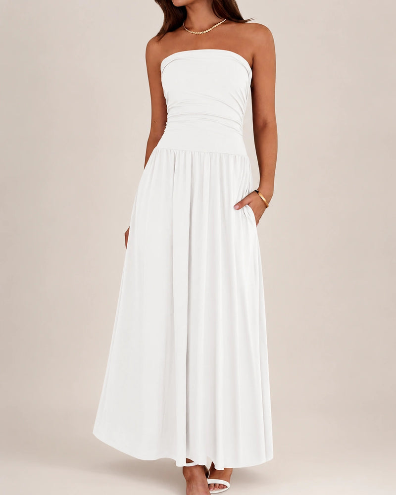 SALAZIA Women's Strapless Ruched Tube Top Maxi Dress with Pockets for Summer Beach Vacation Wedding Guest Dresses