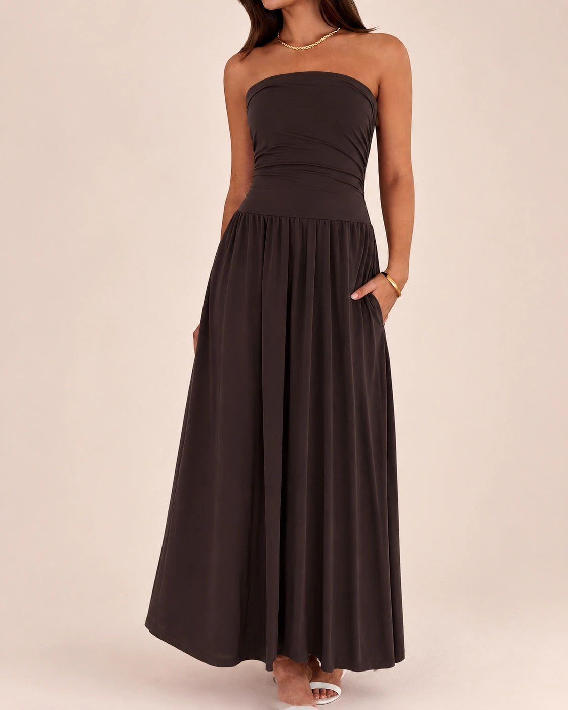 SALAZIA Women's Strapless Ruched Tube Top Maxi Dress with Pockets for Summer Beach Vacation Wedding Guest Dresses