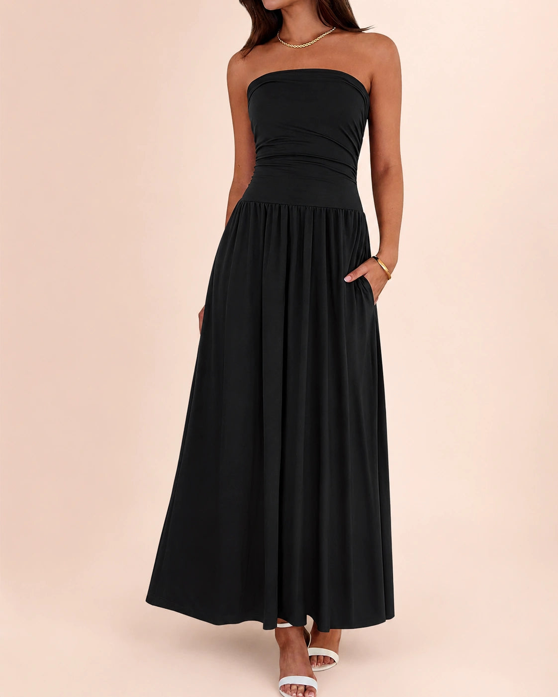 SALAZIA Women's Strapless Ruched Tube Top Maxi Dress with Pockets for Summer Beach Vacation Wedding Guest Dresses