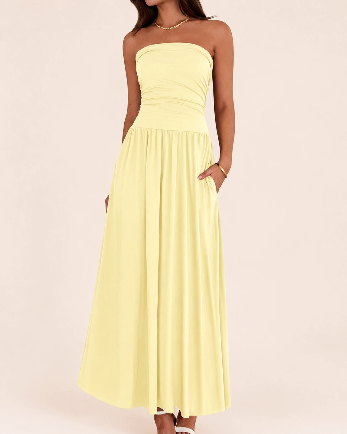 SALAZIA Women's Strapless Ruched Tube Top Maxi Dress with Pockets for Summer Beach Vacation Wedding Guest Dresses