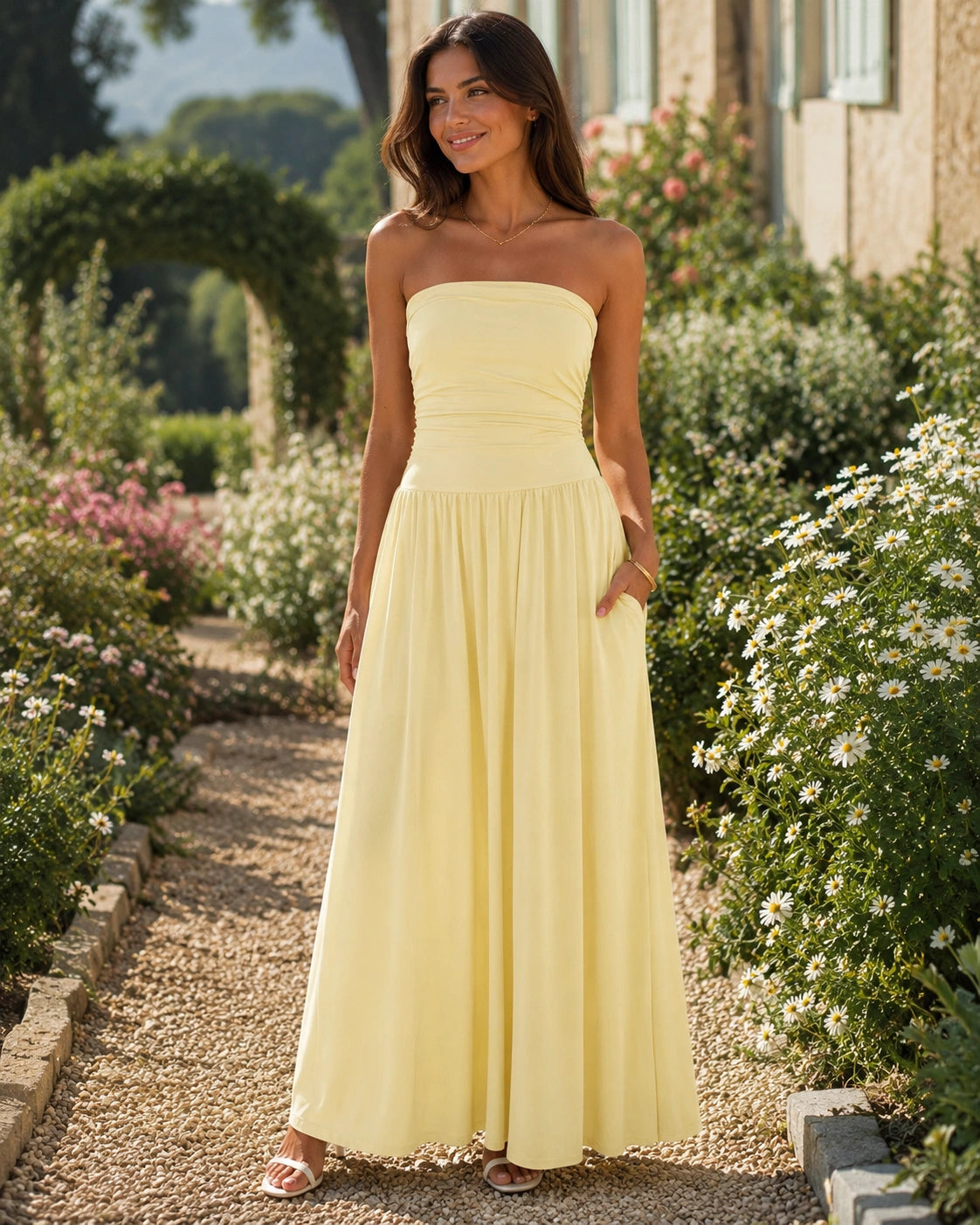 SALAZIA Women's Strapless Ruched Tube Top Maxi Dress with Pockets for Summer Beach Vacation Wedding Guest Dresses