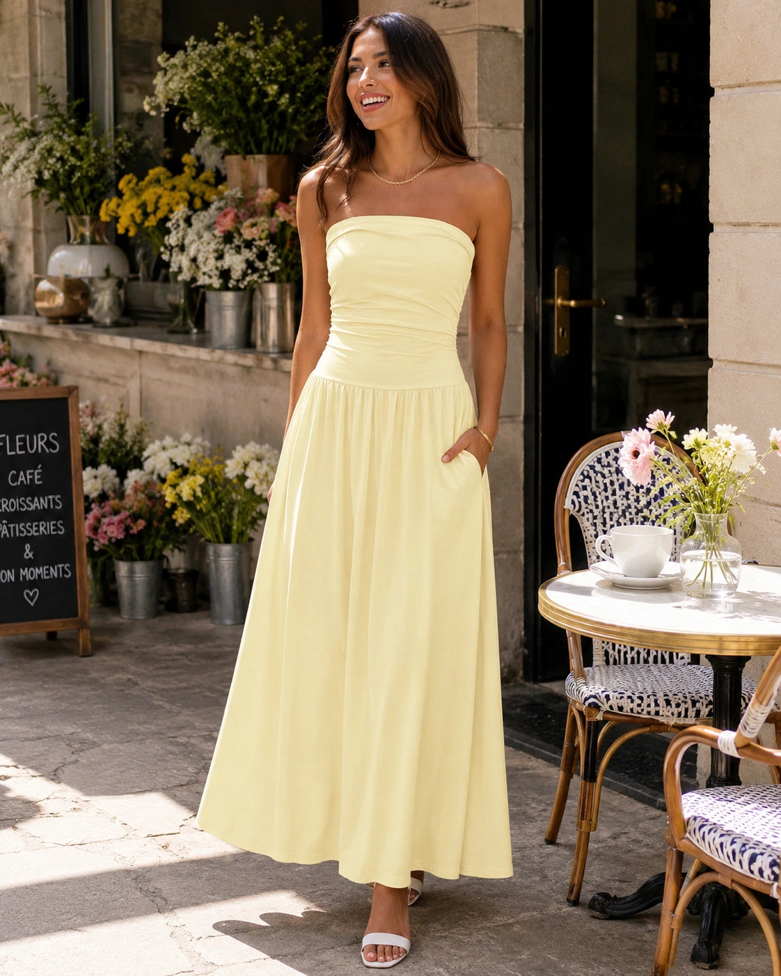 SALAZIA Women's Strapless Ruched Tube Top Maxi Dress with Pockets for Summer Beach Vacation Wedding Guest Dresses
