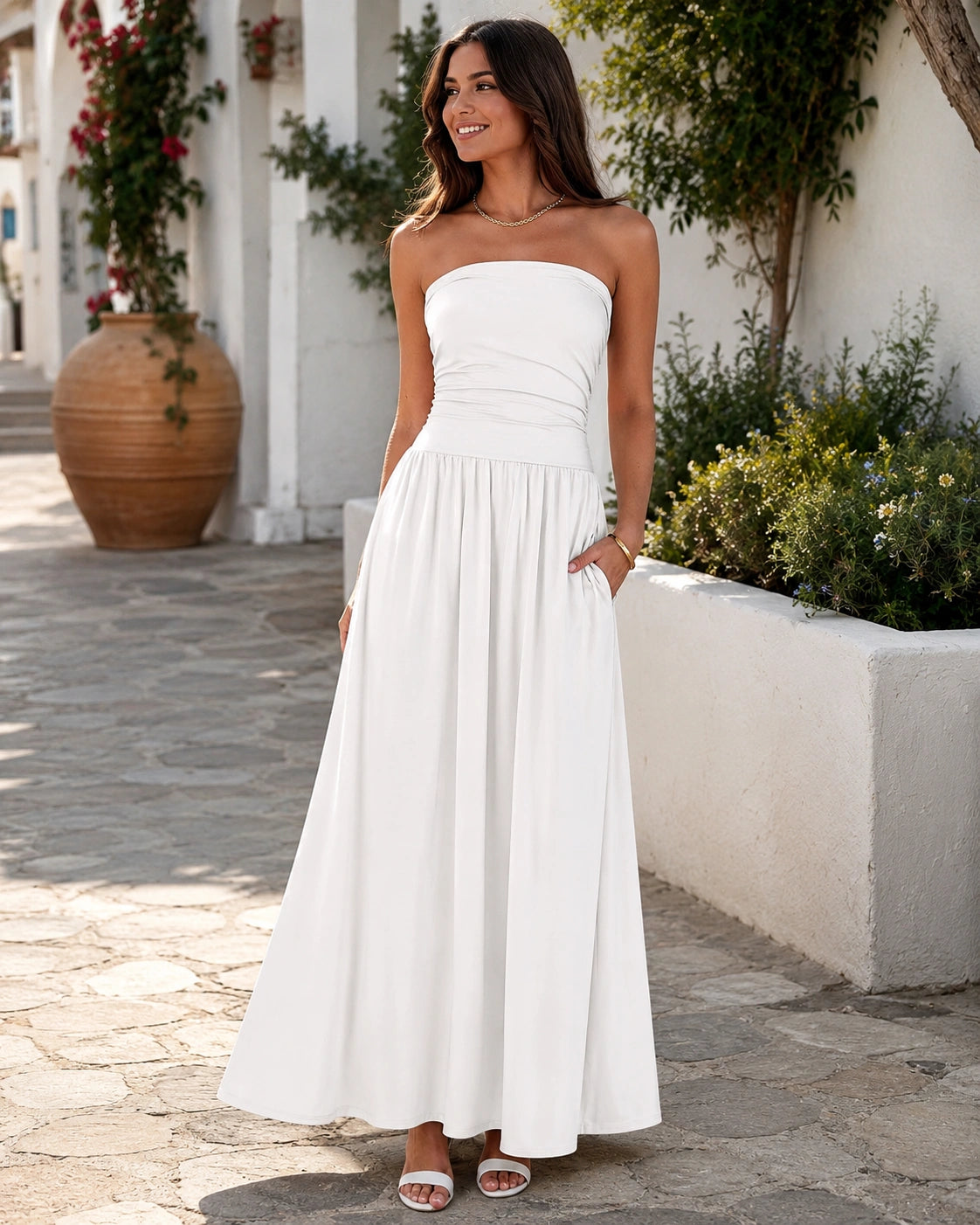 SALAZIA Women's Strapless Ruched Tube Top Maxi Dress with Pockets for Summer Beach Vacation Wedding Guest Dresses
