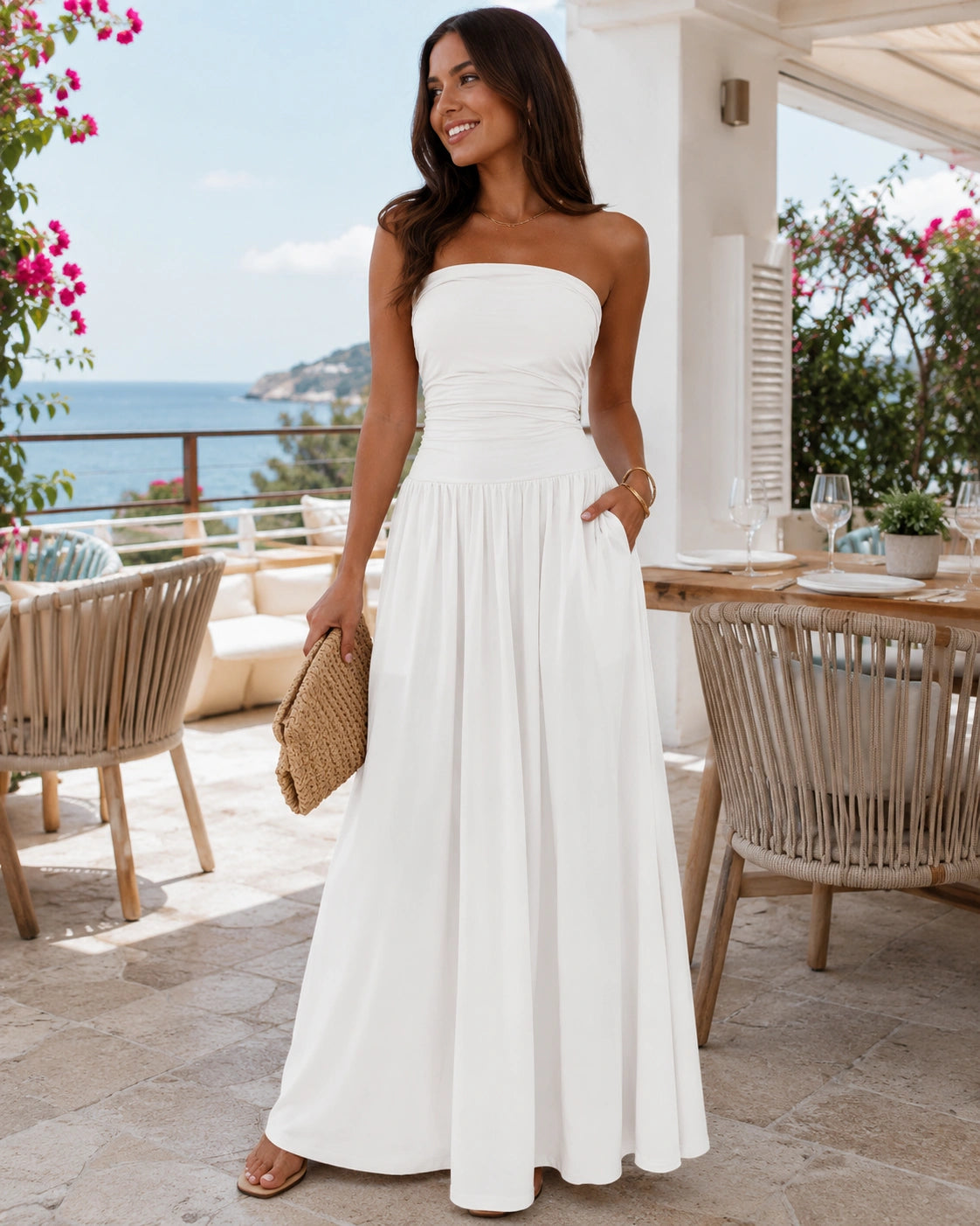 SALAZIA Women's Strapless Ruched Tube Top Maxi Dress with Pockets for Summer Beach Vacation Wedding Guest Dresses