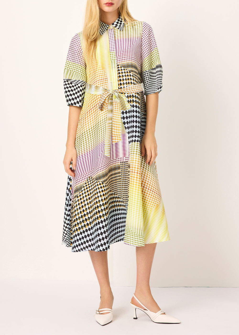 SALAZIA Yellow-Pink-Black Collage Silk Dresses