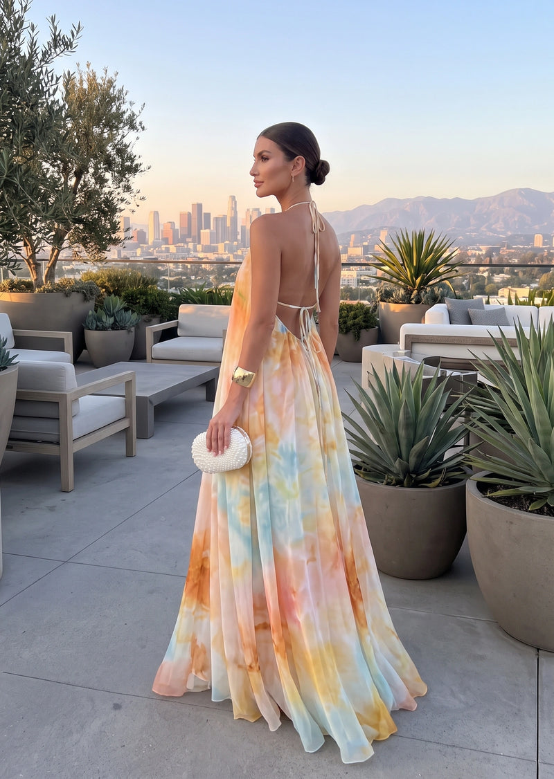 SALAZIA Abstract Digital Print Halter Neck Sleeveless Flowy A-Line Maxi Dresses
