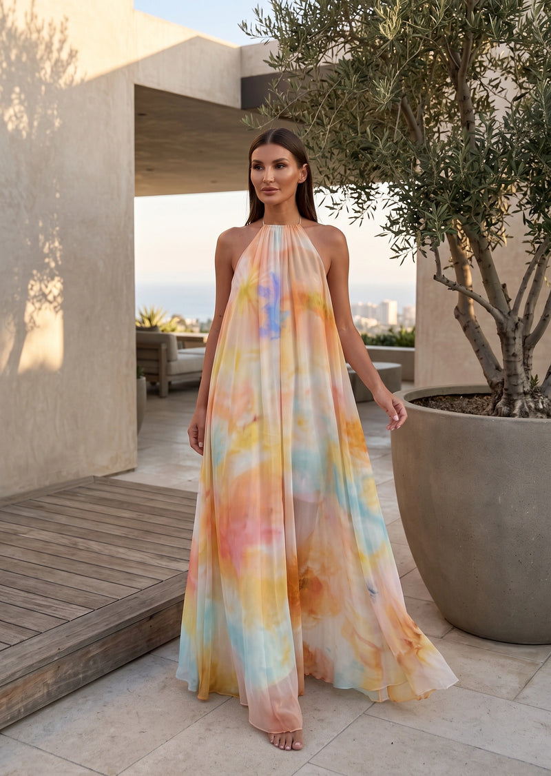 SALAZIA Abstract Digital Print Halter Neck Sleeveless Flowy A-Line Maxi Dresses