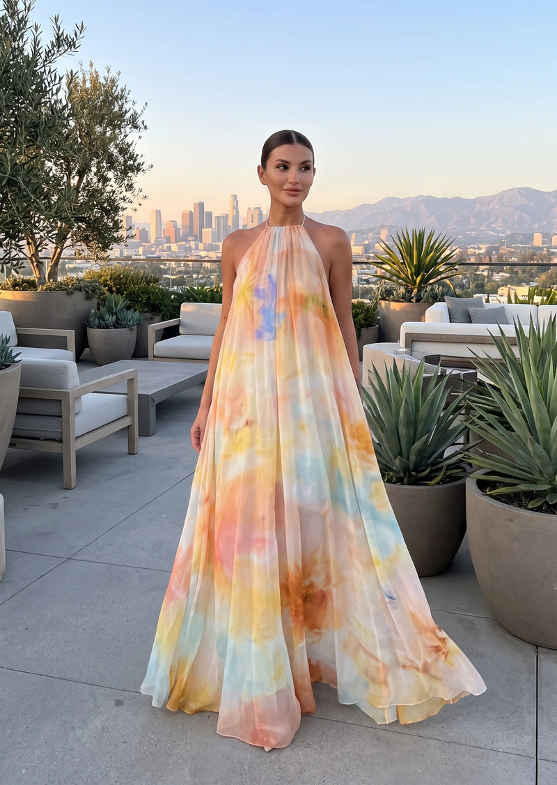 SALAZIA Abstract Digital Print Halter Neck Sleeveless Flowy A-Line Maxi Dresses
