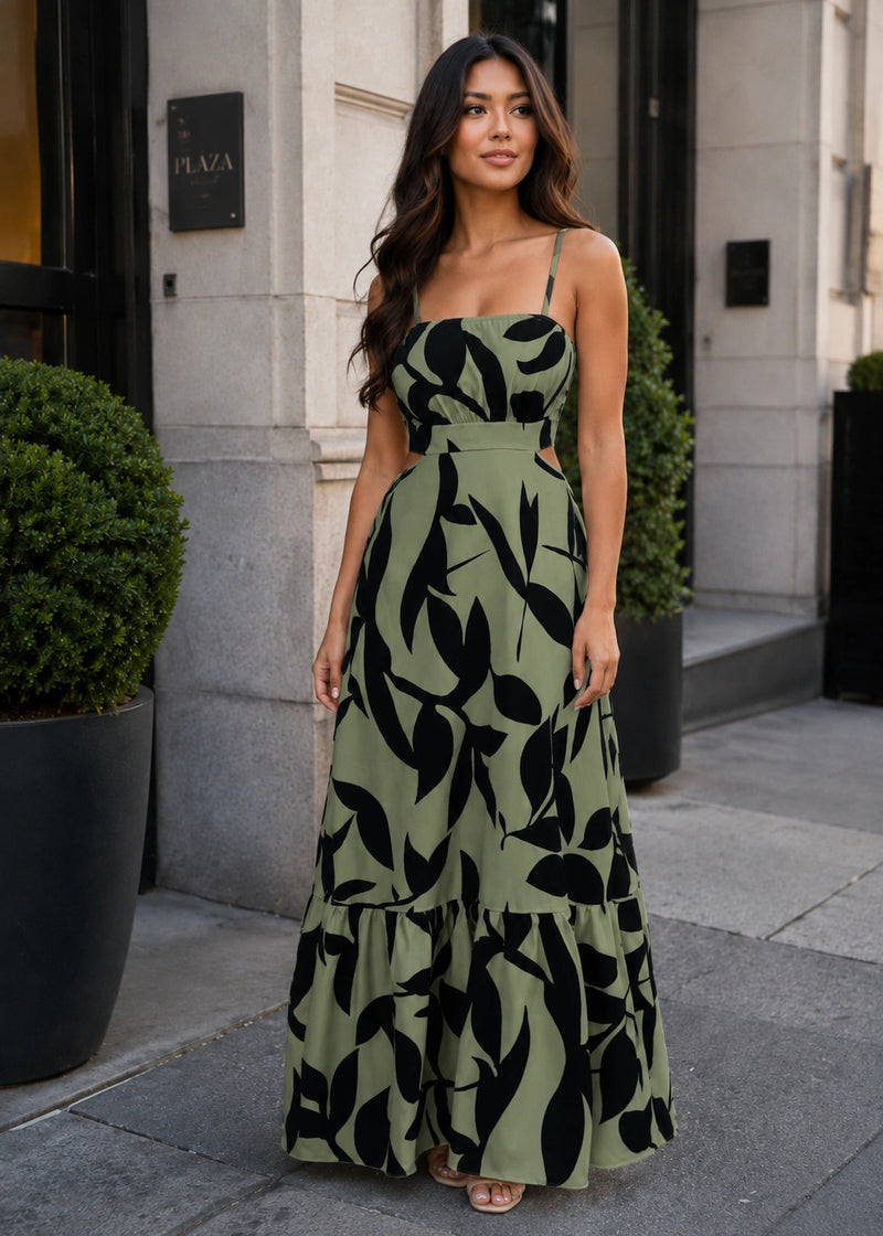 SALAZIA Abstract Print Spaghetti Strap Maxi Dresses