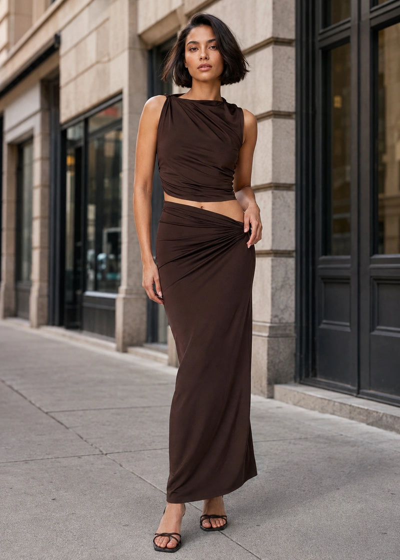 SALAZIA Asymmetric Draped Ruched Crop Top & Maxi Skirt Sets