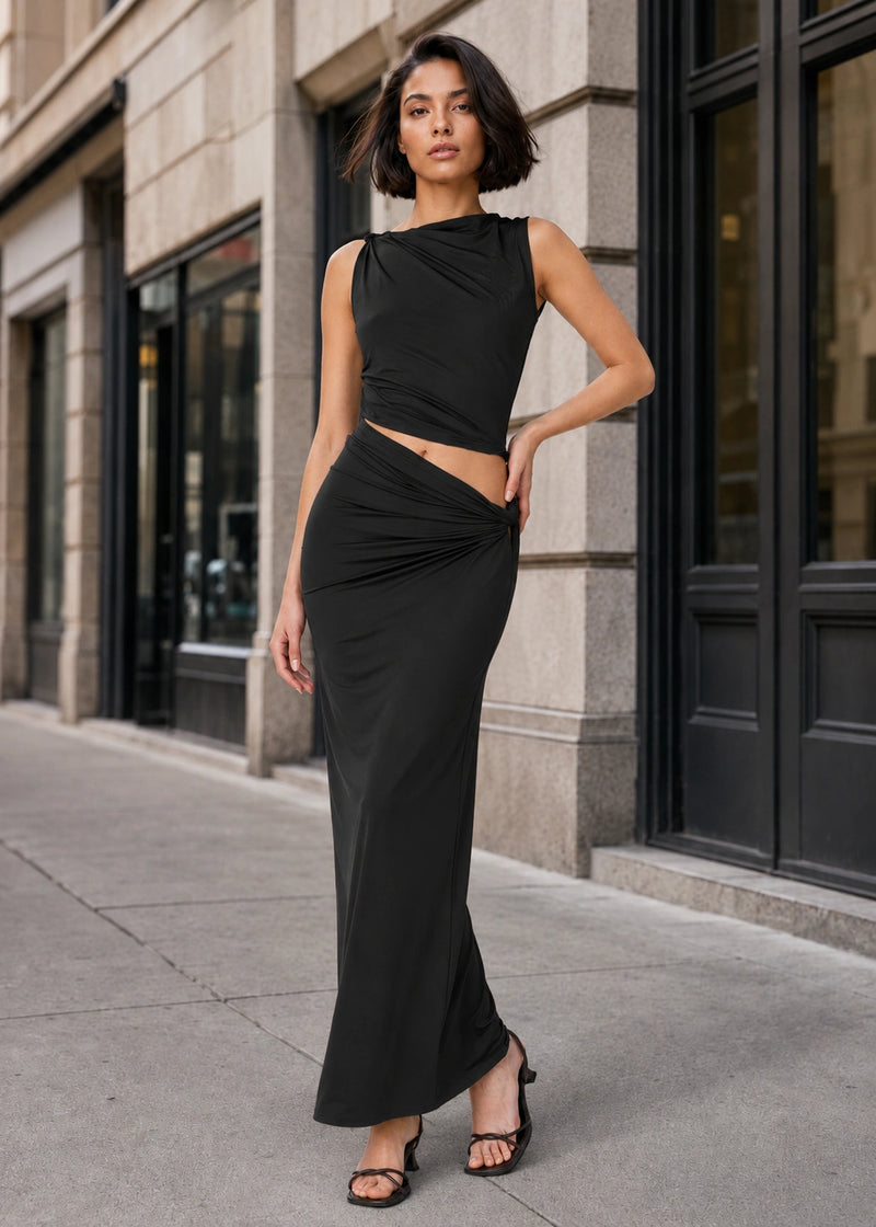 SALAZIA Asymmetric Draped Ruched Crop Top & Maxi Skirt Sets