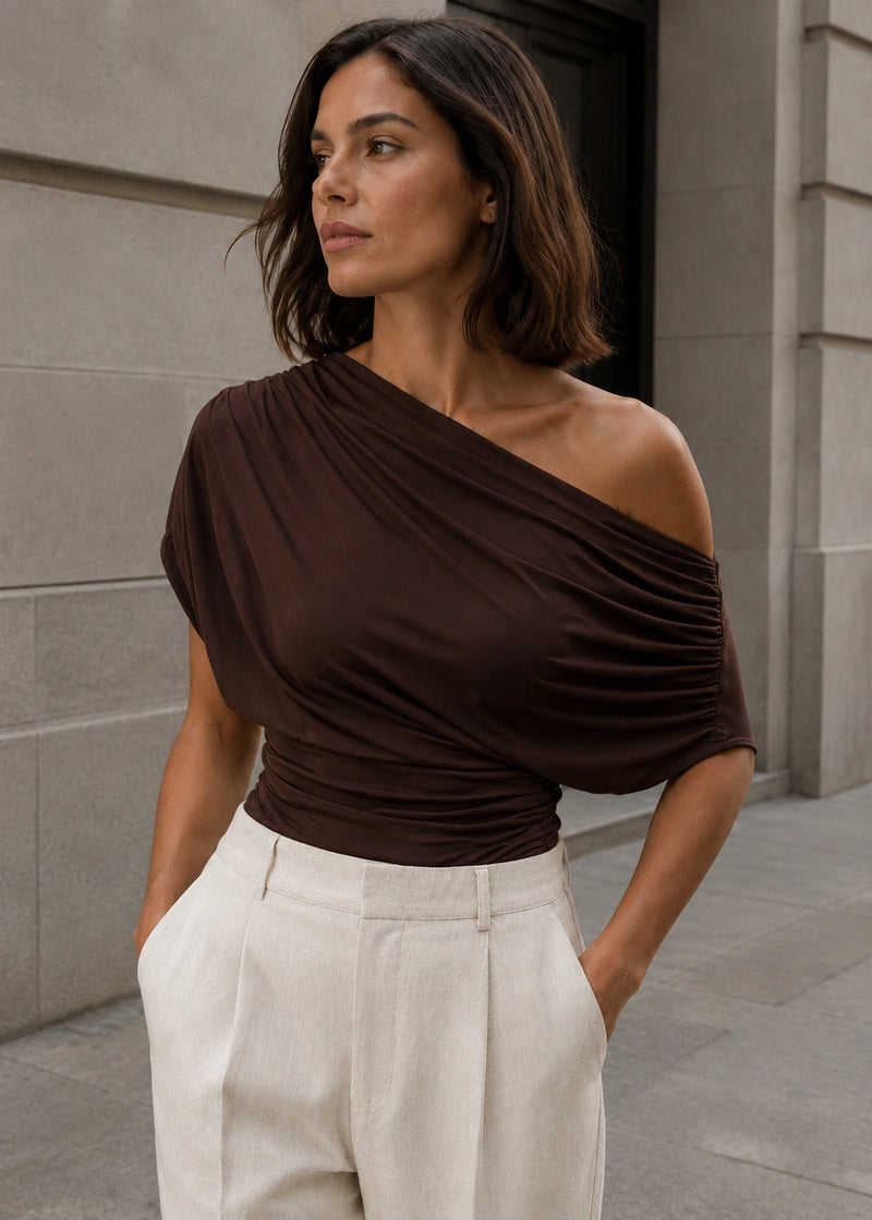 SALAZIA Asymmetric Ruched Off-Shoulder Waist-Cinching Tops