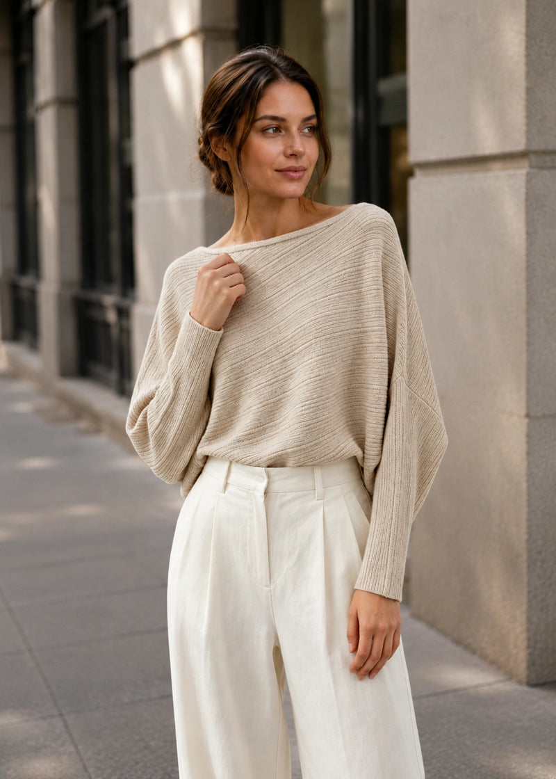 SALAZIA Asymmetrical Batwing Sleeve Relaxed Knit Sweaters