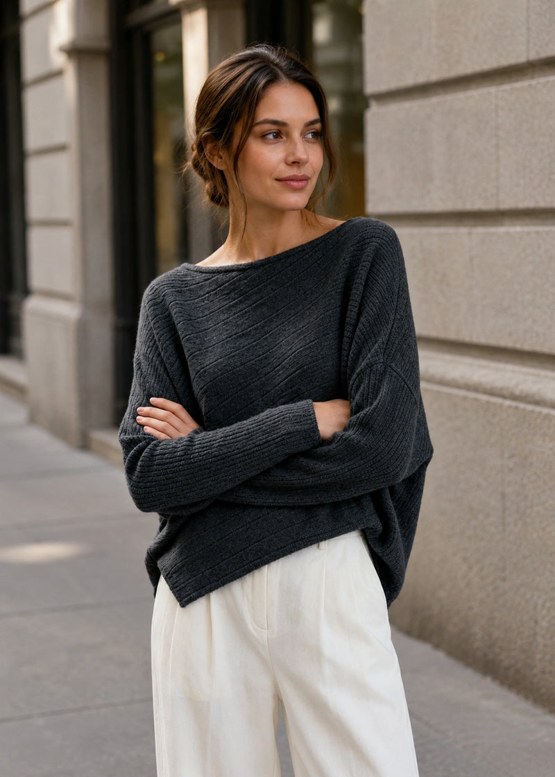 SALAZIA Asymmetrical Batwing Sleeve Relaxed Knit Sweaters