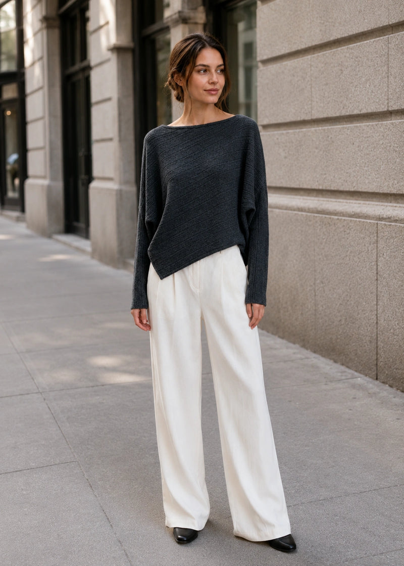 SALAZIA Asymmetrical Batwing Sleeve Relaxed Knit Sweaters