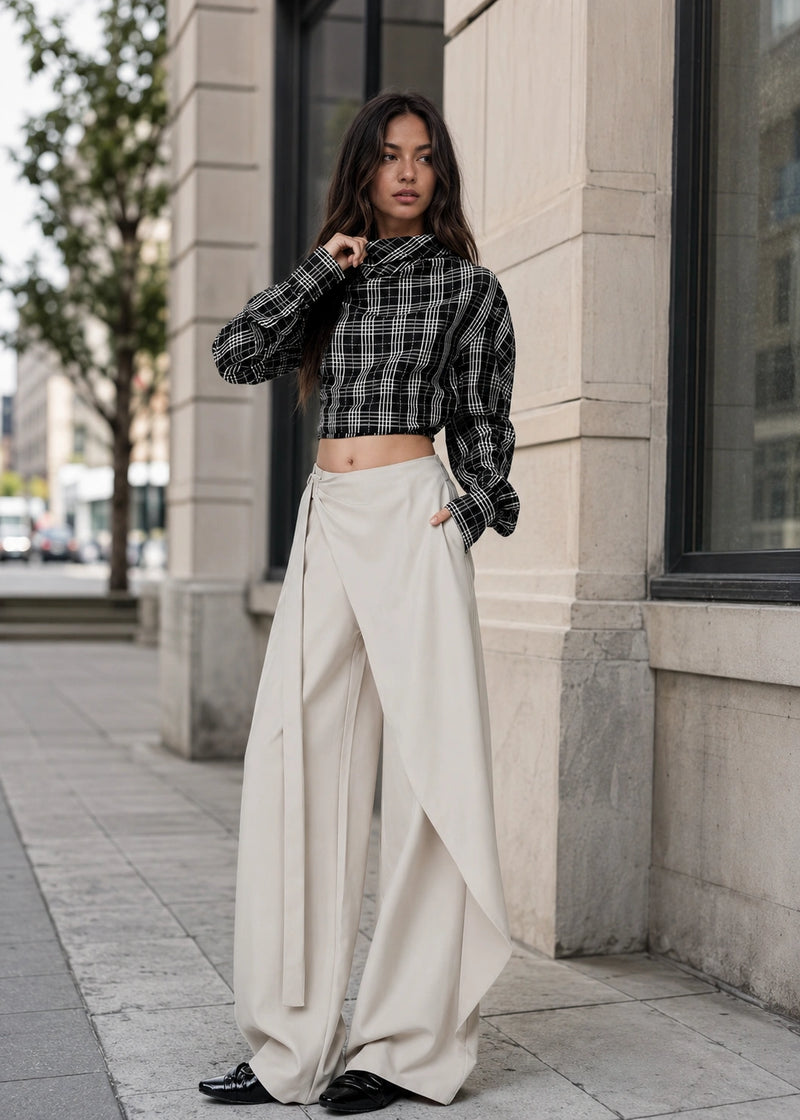 SALAZIA Asymmetrical Draped High-Waist Wide-Leg Pants