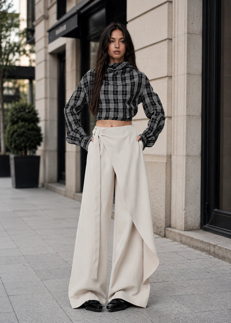 SALAZIA Asymmetrical Draped High-Waist Wide-Leg Pants