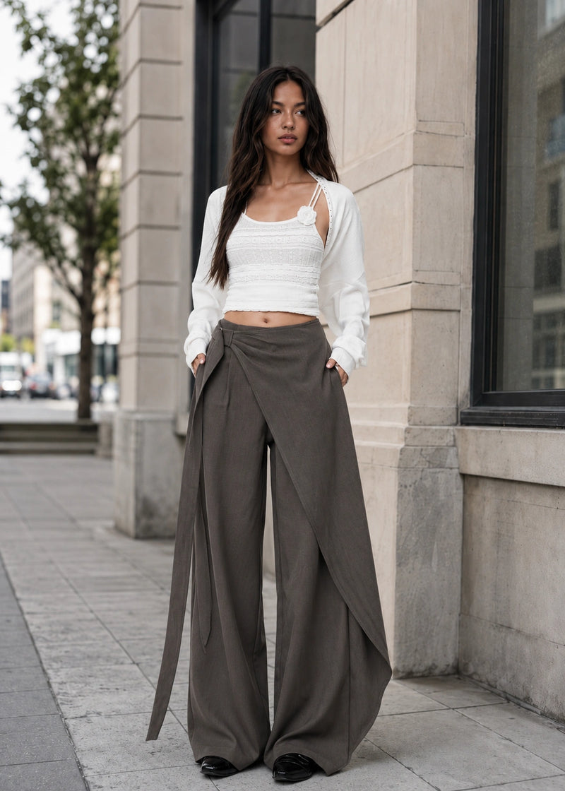 SALAZIA Asymmetrical Draped High-Waist Wide-Leg Pants