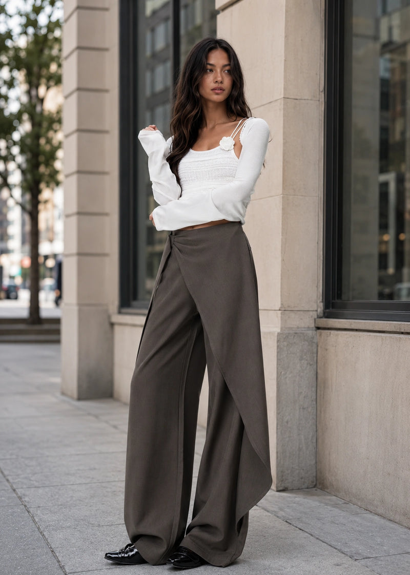 SALAZIA Asymmetrical Draped High-Waist Wide-Leg Pants