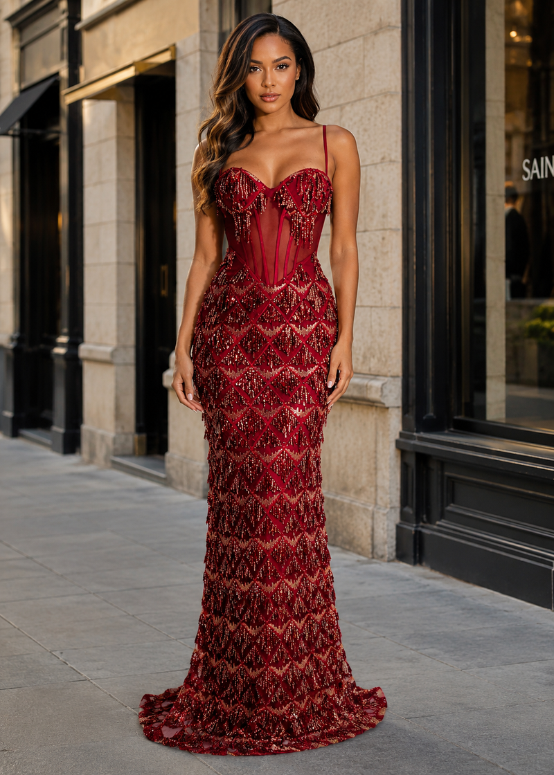 SALAZIA Beaded Sequin Corset Maxi Dresses
