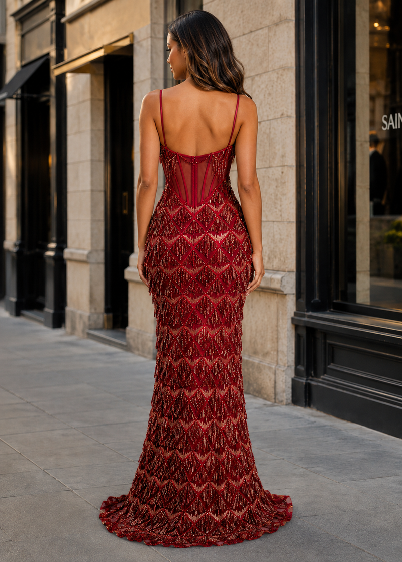 SALAZIA Beaded Sequin Corset Maxi Dresses