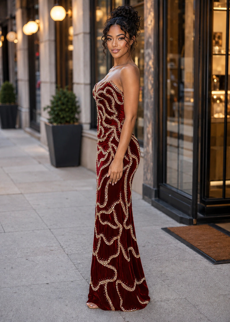 SALAZIA Beaded Sequin Strapless Maxi Dresses