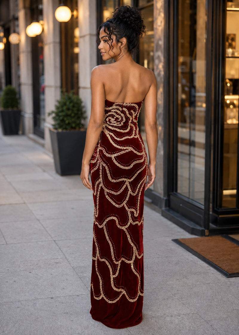 SALAZIA Beaded Sequin Strapless Maxi Dresses