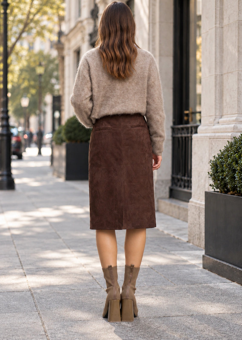 SALAZIA Brown Brushed-Texture Straight Midi Skirts