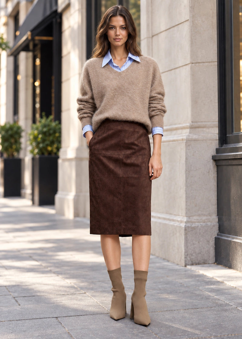 SALAZIA Brown Brushed-Texture Straight Midi Skirts
